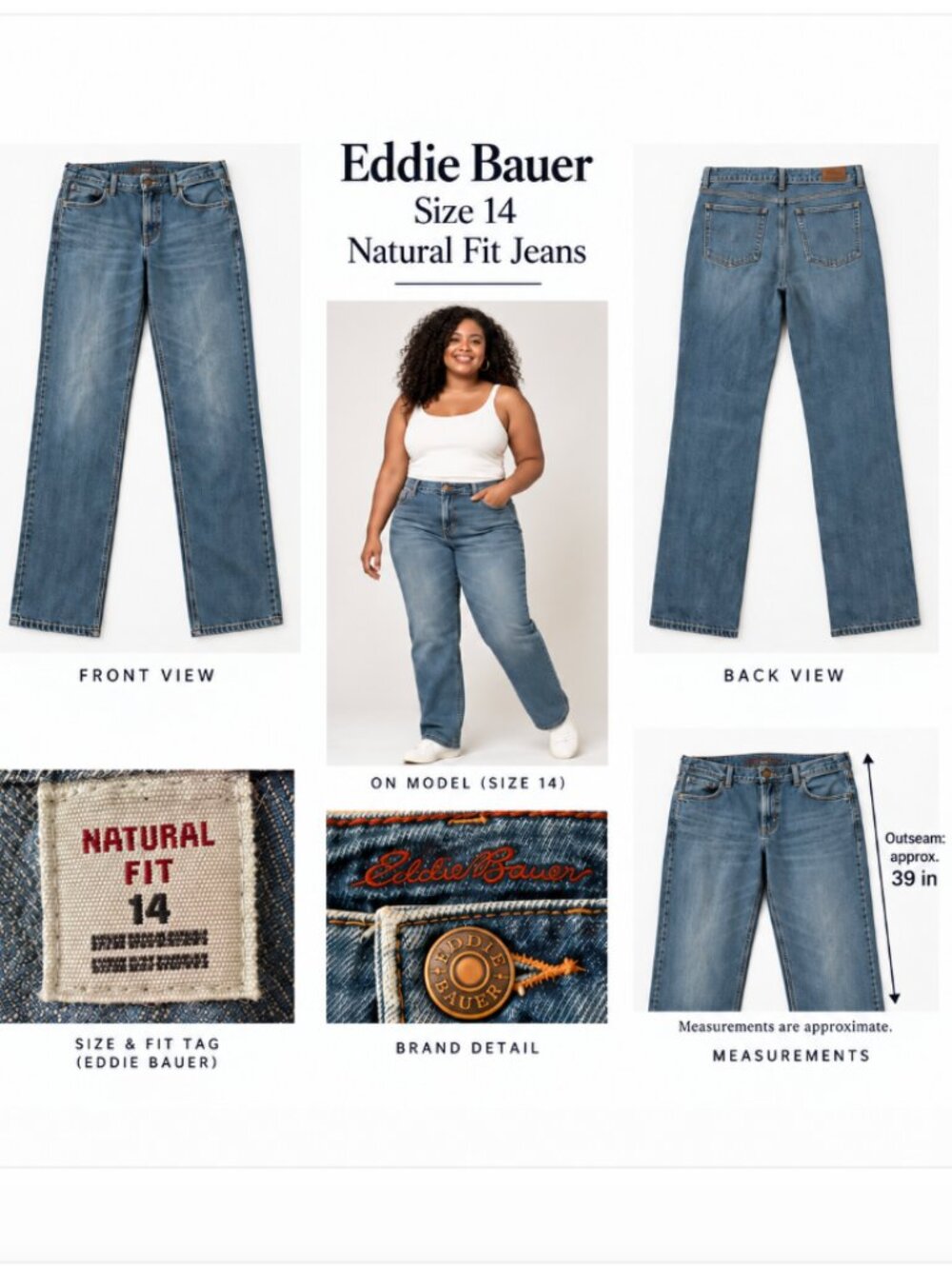 Eddie Bauer Natural Fit Straight Leg Jeans Womens Size 14 Medium Wash Denim